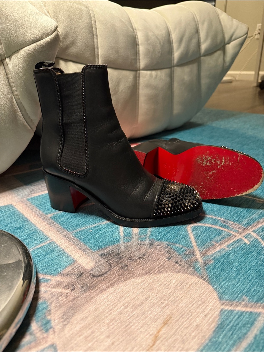 Christian Louboutin Spike Black Studded Leather Ankle Boots with Chunky Heels